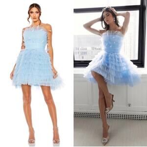 Mac Duggal 20529 Feathered Strapless Tulle Fit and Flare Mini Dress - Blue - 8